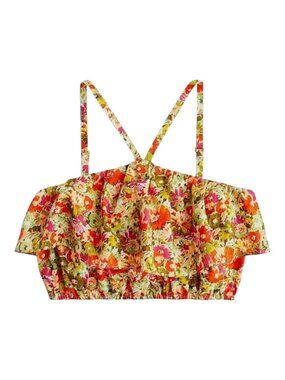 NWT J. Crew 100% Organic Cotton Ruffle Halter Top in Painted Block Print - L